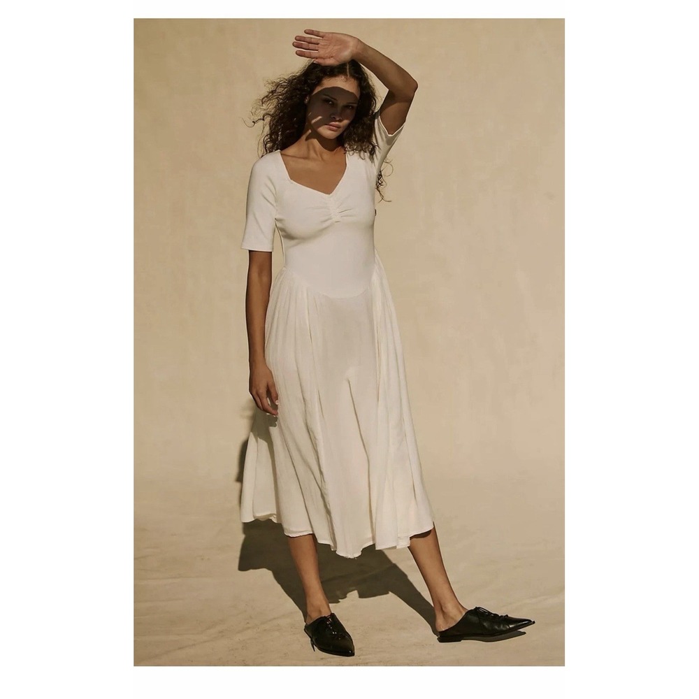 Free People Talia Midi Dress Ruched Sweetheart‎ White L Large Bohemian Beach
